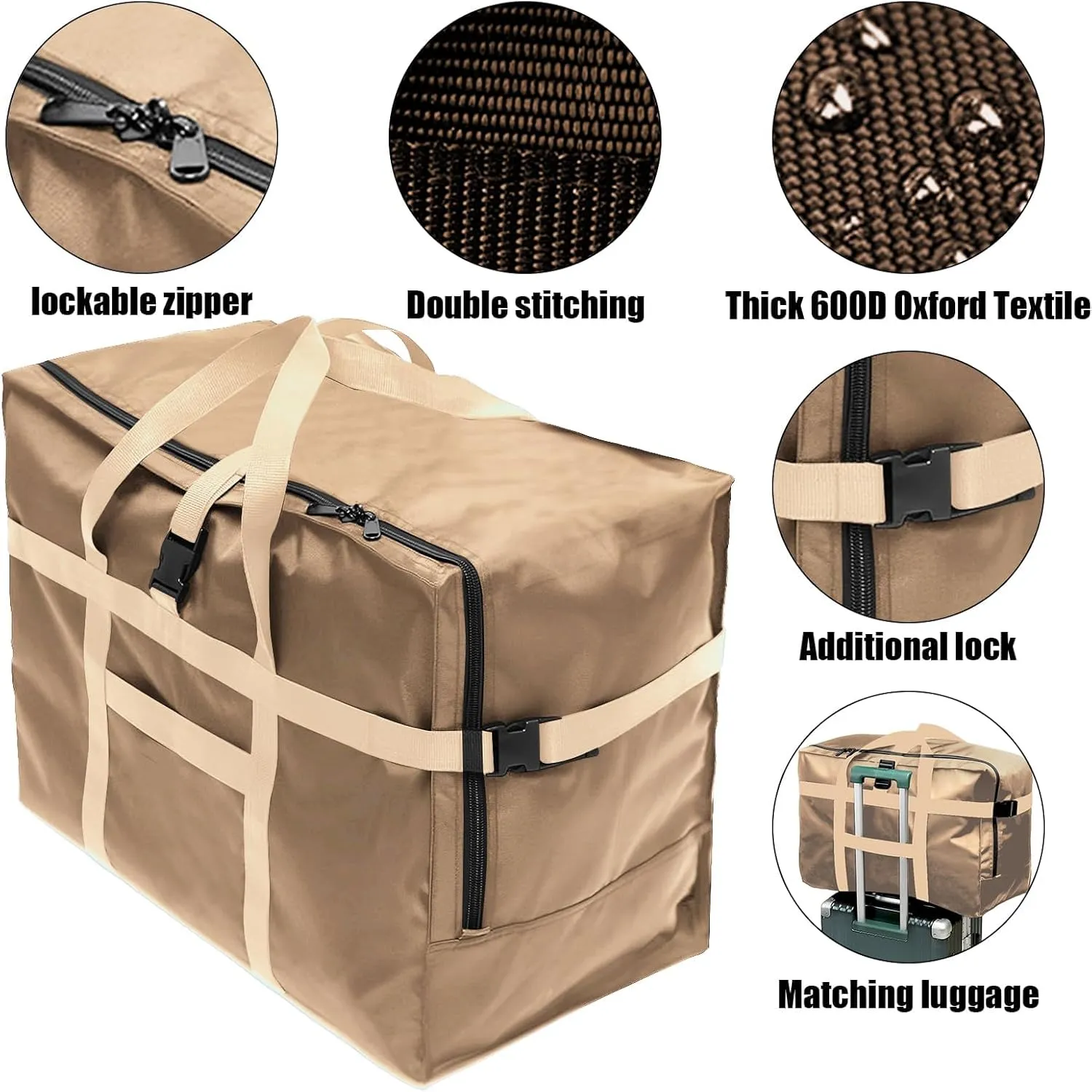 RicoRich 120L Travel Duffel Bag, Foldable Heavy Duty Overnight Bag, Larger Size Carry on Luggage Sport Duffle for Weekender/Vacation/Camping/Beach/Tent(Khaki)