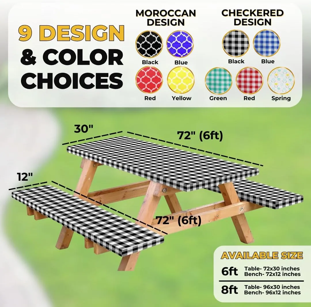 RNOONY Vinyl Fitted Picnic Table Cover with Bench Covers and Bag, 6ft Outdoor Waterproof Windproof Tablecloth with Elastic Edges. Camping RV Gear Campers Must Have 72x30 Inches 4 Pcs Set (Black)