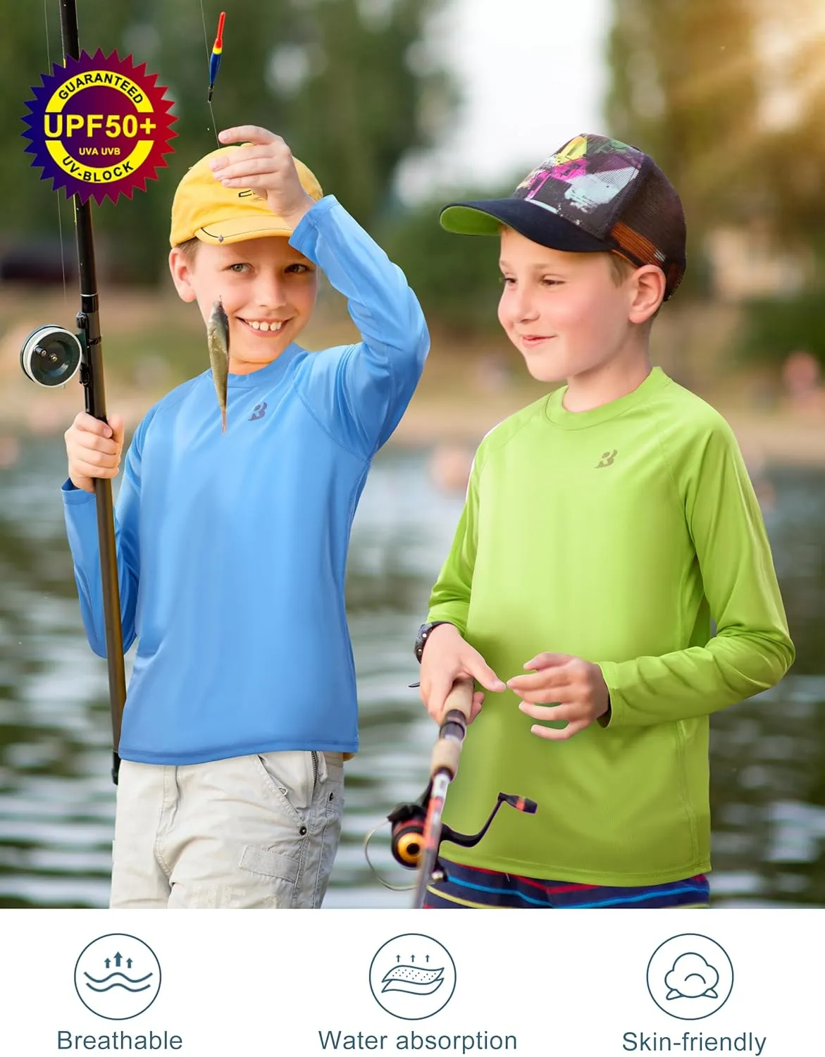 Roadbox Boys UPF 50  Rash Guard Swim Shirt, Kids Long Sleeve Sun Protection Shirts, Youth UV Athletic Beach Rashguard
