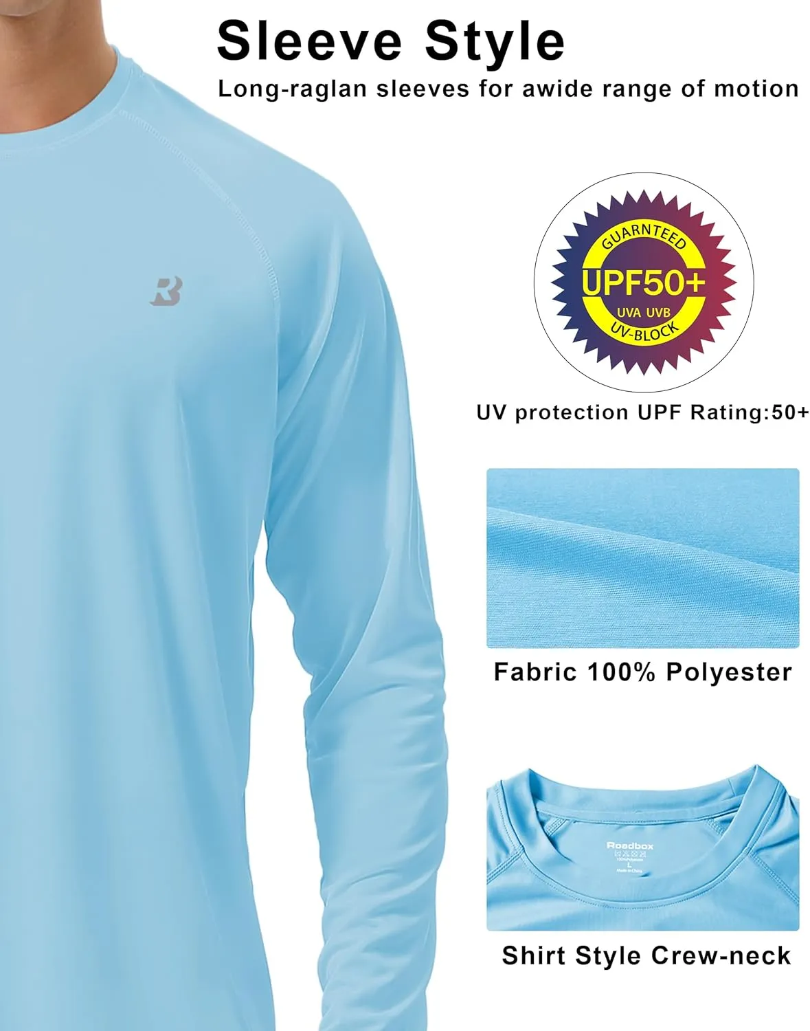 Roadbox Mens UPF 50  UV Sun Protection Shirts Outdoor Long Sleeve SPF Rash Guard for Fishing Hiking Swimming Running
