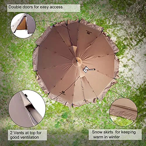 Rock Fortress Hot Tent w/ Stove Jack,4 Season 4/6 Person Tipi Tent Family Tent for Camping