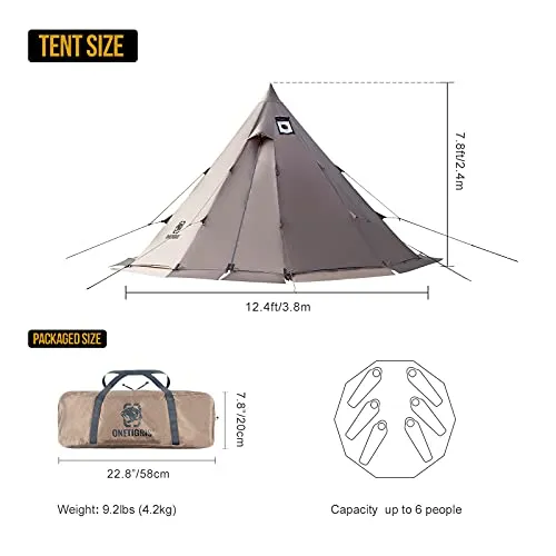 Rock Fortress Hot Tent w/ Stove Jack,4 Season 4/6 Person Tipi Tent Family Tent for Camping