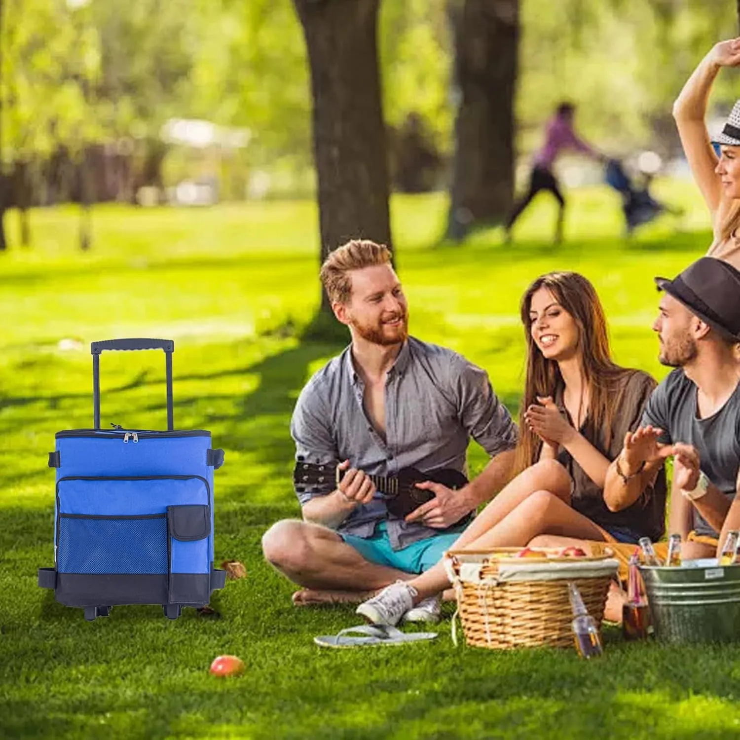 Rolling Cooler, 43L Large Cooler, Insulated Cool Bag Blue, Leakproof Cooler Trolley for Outdoor, Low Noise Rolling Cooler, Collapsible Rolling Cooler, Cooler with Wheels and Pull
