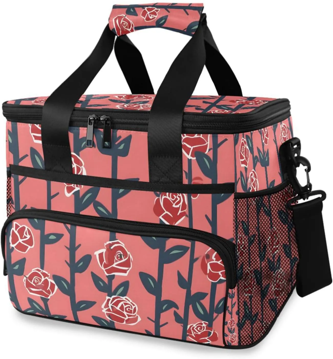 Rose Red Roses Flower Cooler Bag Insulated Cooler Soft Sided Cooler 24 Can Portable Picnic Bag Large Leakproof Lunch Bag Box for Beach Grocery Camping Travel Car Men Women
