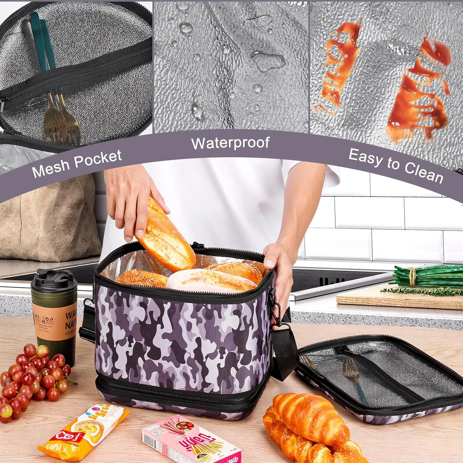 Round Cake Pie Dish Carrier Lunch Bag,Insulated Reusable Lunch Box for Office Work Picnic Beach,Leakproof Freezable Cooler Bag with Adjustable Shoulder Strap