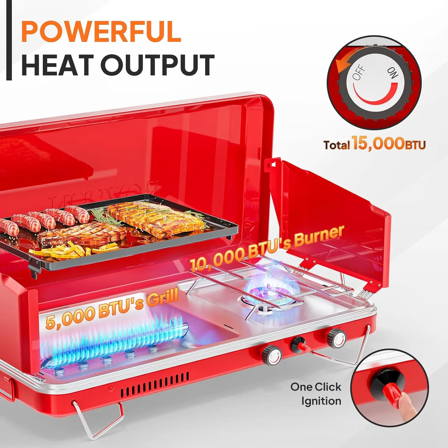 ROVSUN 2-in-1 Portable Camping Stove & Propane Grill with Enamel Griddle & Piezo Igniter, Tabletop Camp Stove with Built-in Handle, Wind Panel & Regulator for Camping, Tailgating, Grilling (Red)