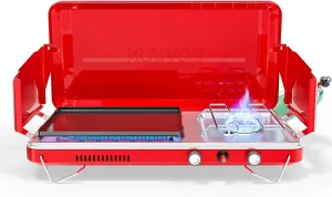 ROVSUN 2-in-1 Portable Camping Stove & Propane Grill with Enamel Griddle & Piezo Igniter, Tabletop Camp Stove with Built-in Handle, Wind Panel & Regulator for Camping, Tailgating, Grilling (Red)
