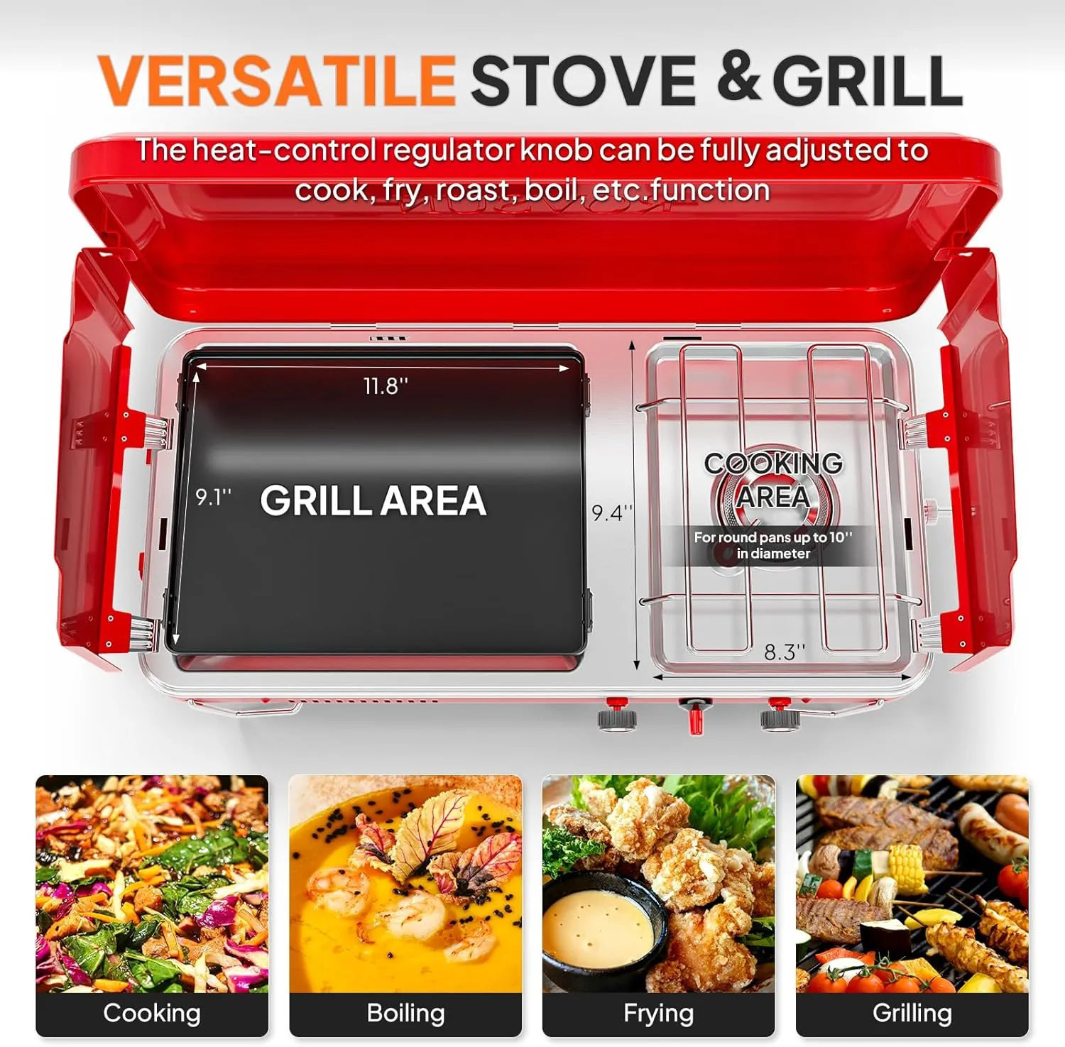 ROVSUN 2-in-1 Portable Camping Stove & Propane Grill with Enamel Griddle & Piezo Igniter, Tabletop Camp Stove with Built-in Handle, Wind Panel & Regulator for Camping, Tailgating, Grilling (Red)