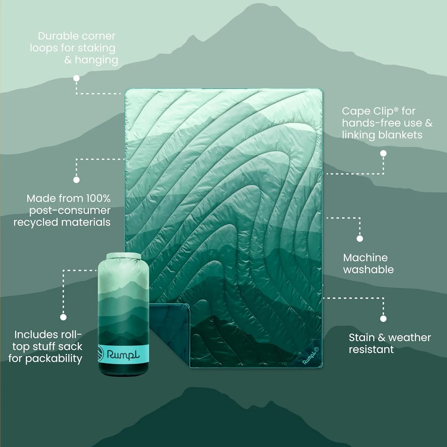 Rumpl Original Puffy Blanket - Warm Puffy Camping Blanket, 100% Recycled Polyester Insulation, Lightweight, Packable, Water-Resistant, Outdoor Puffer Blanket, 52"x75", V2, Cascade Fade - Green