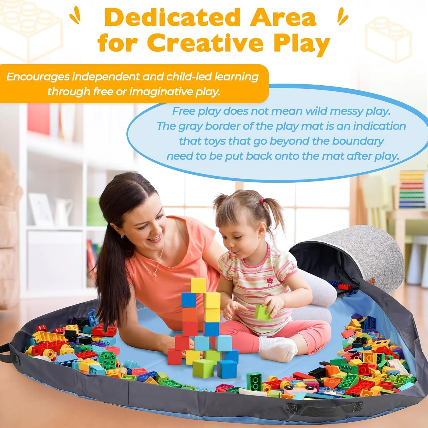 SAM AND MABEL XXL Toy Storage Organizer with Play Mat – 15" x 15" x 16" Storage Bin for Kids Playroom, Foldable Fabric Bag and Basket for Nursery (Gray)