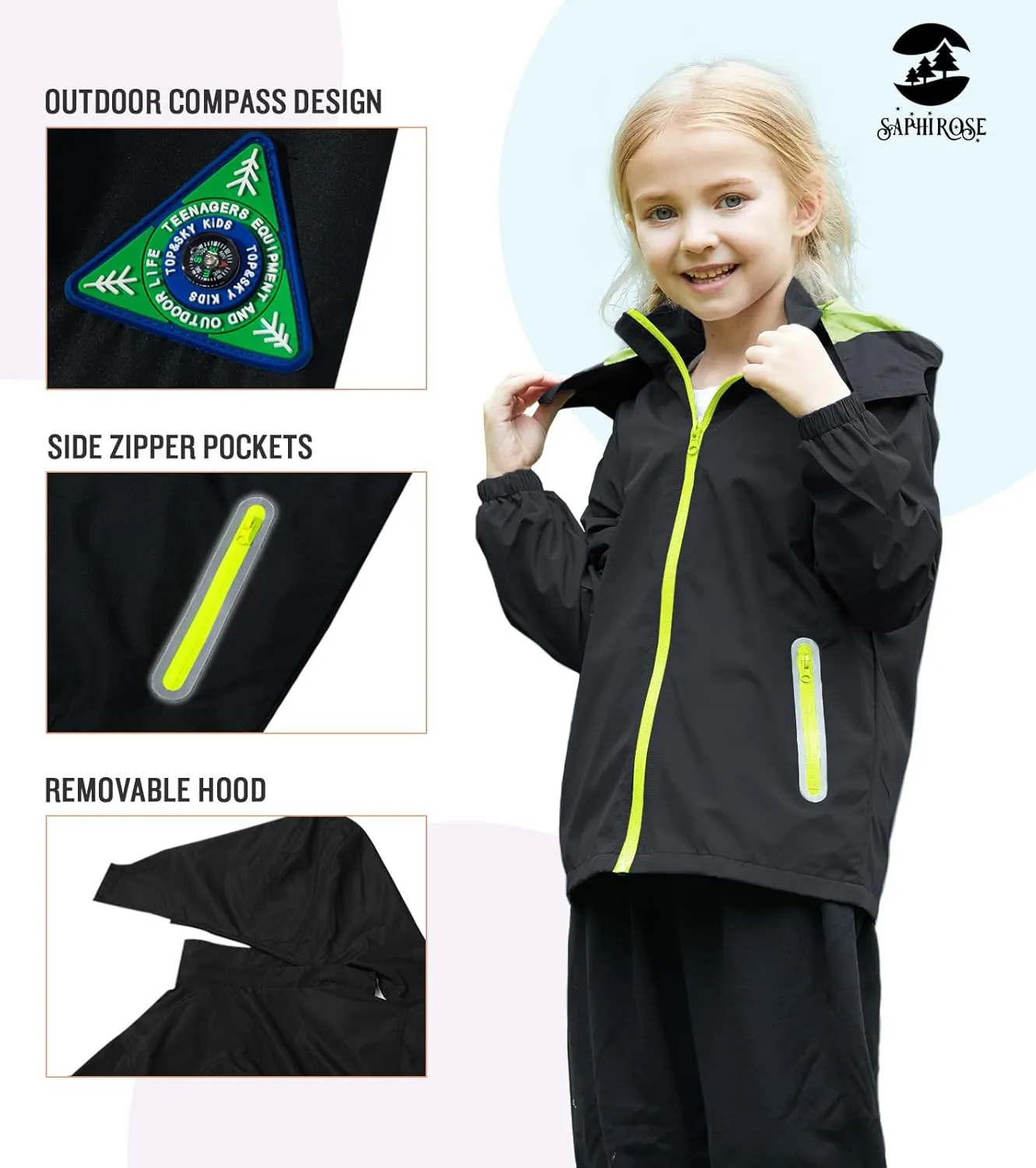 SaphiRose Kids Rain Jacket Waterproof Raincoat Mesh Lined Coat with Removable Hood for Boys Girls