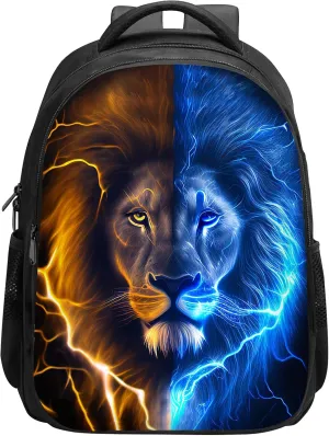 SARA NELL Kids Lion School Backpack for Boys Girls,Cool Ice and Fire Lion School Bags Bookbags with 2 Main Compartment, Primary Elementary Student Backpack, 15.7 Inches