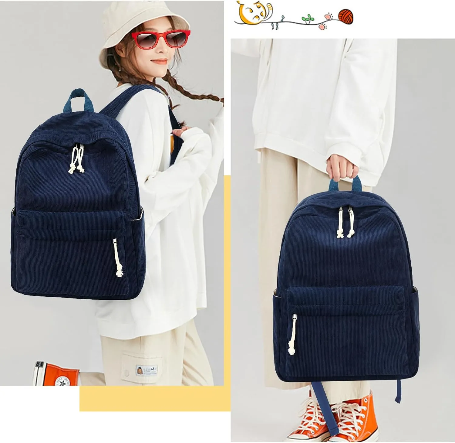 School Backpack for Teen Girls Women Laptop Backpack College Bookbags Middle School Travel Work Commuter Back Pack（Corduroy navy blue）