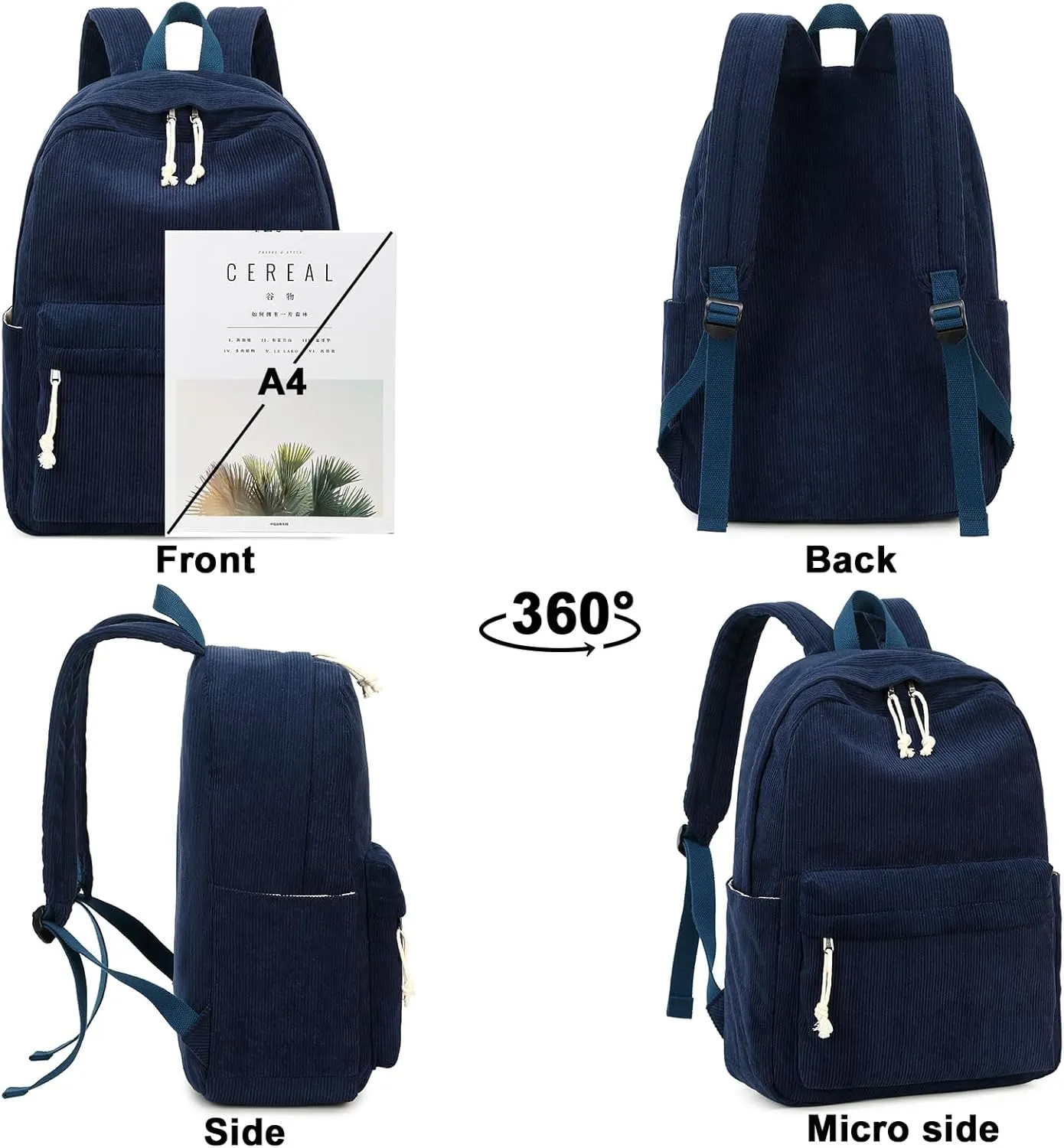School Backpack for Teen Girls Women Laptop Backpack College Bookbags Middle School Travel Work Commuter Back Pack（Corduroy navy blue）