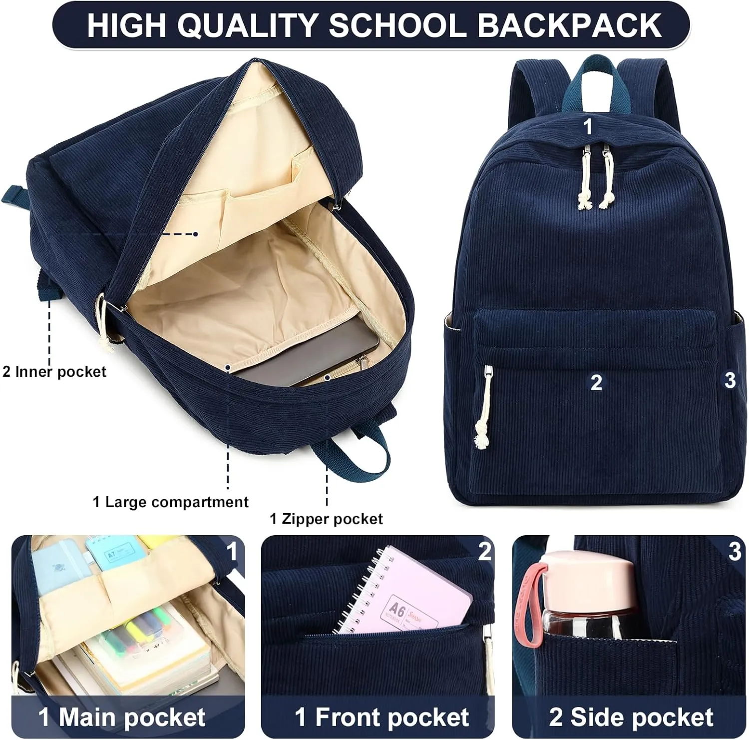 School Backpack for Teen Girls Women Laptop Backpack College Bookbags Middle School Travel Work Commuter Back Pack（Corduroy navy blue）