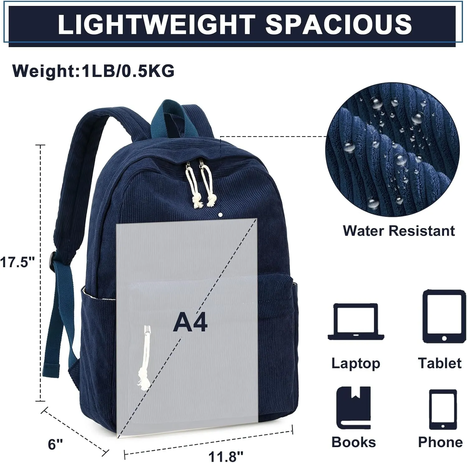 School Backpack for Teen Girls Women Laptop Backpack College Bookbags Middle School Travel Work Commuter Back Pack（Corduroy navy blue）