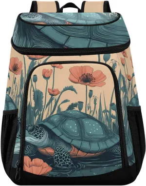 Sea Turtle Poppy Flower Ocean Cooler Backpack Cooler Insulated Leak Proof Lunch Backpack 36 Cans Waterproof Soft for Men Women Picnic Hiking Camping Beach