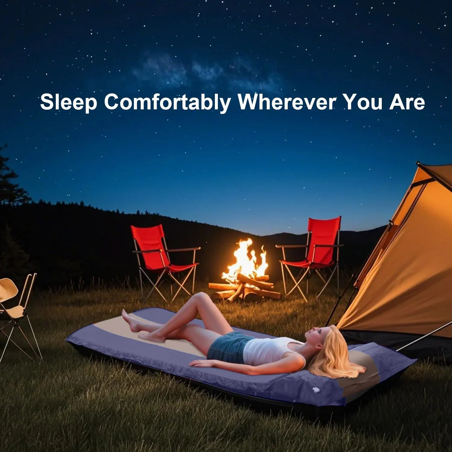Self-Inflating Sleeping Pad with Pillow, Lightweight Camping Mattress Pad, Sleeping Mat Compact for Tent, Camping, Backpacking, Hiking and Traveling (Blue, 2 Packs)