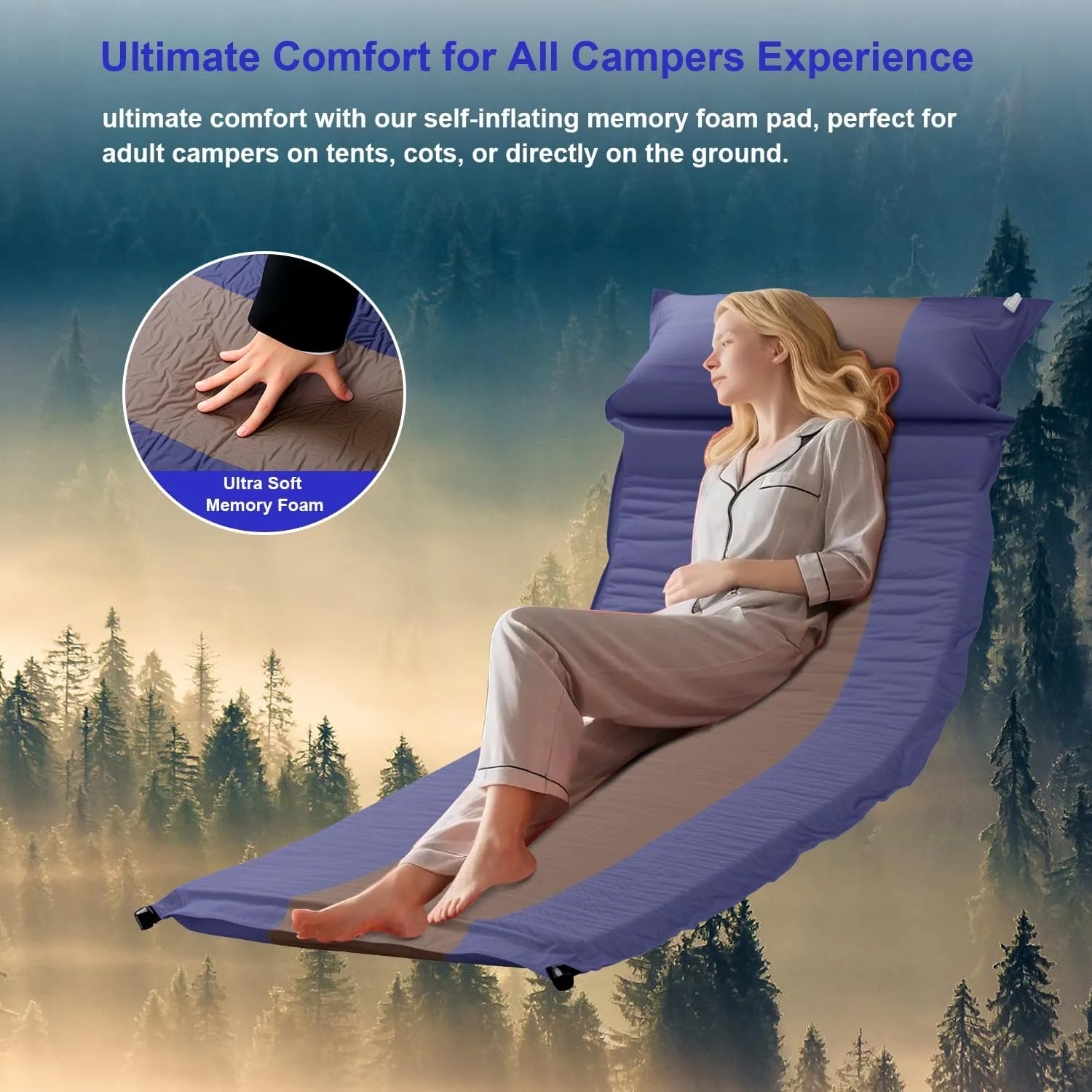 Self-Inflating Sleeping Pad with Pillow, Lightweight Camping Mattress Pad, Sleeping Mat Compact for Tent, Camping, Backpacking, Hiking and Traveling (Blue, 2 Packs)
