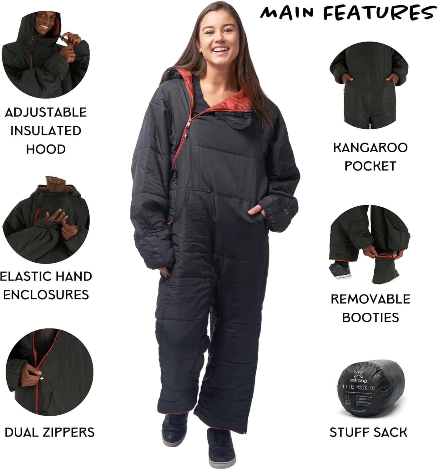 Selk'bag Lite Wearable Sleeping Bag - Outdoor and Indoor Sleeping Bags for Camping, Hiking, Travel, and Backpacking w/ Stuff Sack - Lightweight Sleeping Bag Suit - Temp Rating 48-55 degrees F