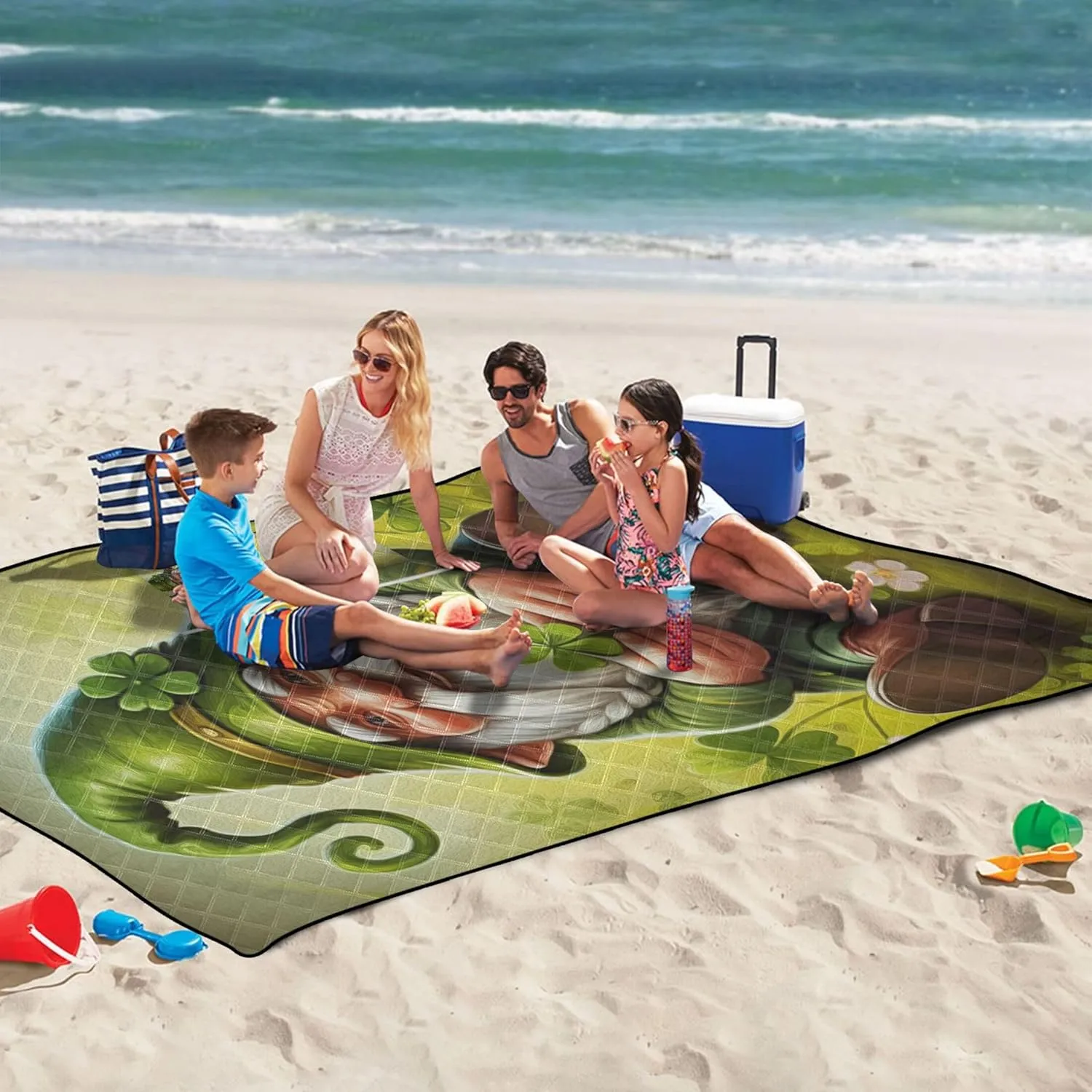 Shamrock Painting St Patrick Gnome Sandproof Beach Blanket Waterproof Cute Picnic Blanket Mat Foldable Floral Tent Rugs for Camping Mat 80" x 60"