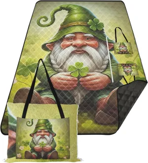 Shamrock Painting St Patrick Gnome Sandproof Beach Blanket Waterproof Cute Picnic Blanket Mat Foldable Floral Tent Rugs for Camping Mat 80" x 60"
