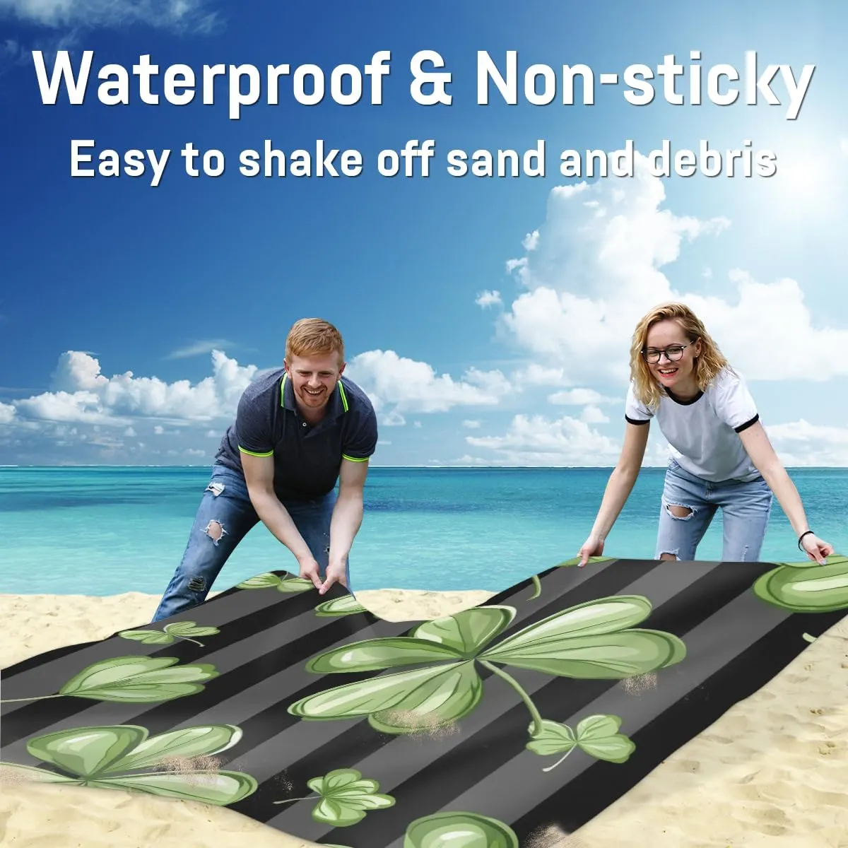 Shamrocks Beach Blanket, Sandproof Beach Mat, Adults Waterproof Quick Drying Sand Free Mat with 4 x Ground Spikes for Outdoor Travel Camping Hiking, St. Patrick’s Day