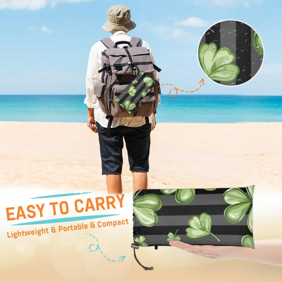 Shamrocks Beach Blanket, Sandproof Beach Mat, Adults Waterproof Quick Drying Sand Free Mat with 4 x Ground Spikes for Outdoor Travel Camping Hiking, St. Patrick’s Day
