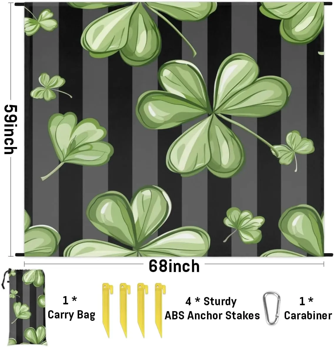 Shamrocks Beach Blanket, Sandproof Beach Mat, Adults Waterproof Quick Drying Sand Free Mat with 4 x Ground Spikes for Outdoor Travel Camping Hiking, St. Patrick’s Day