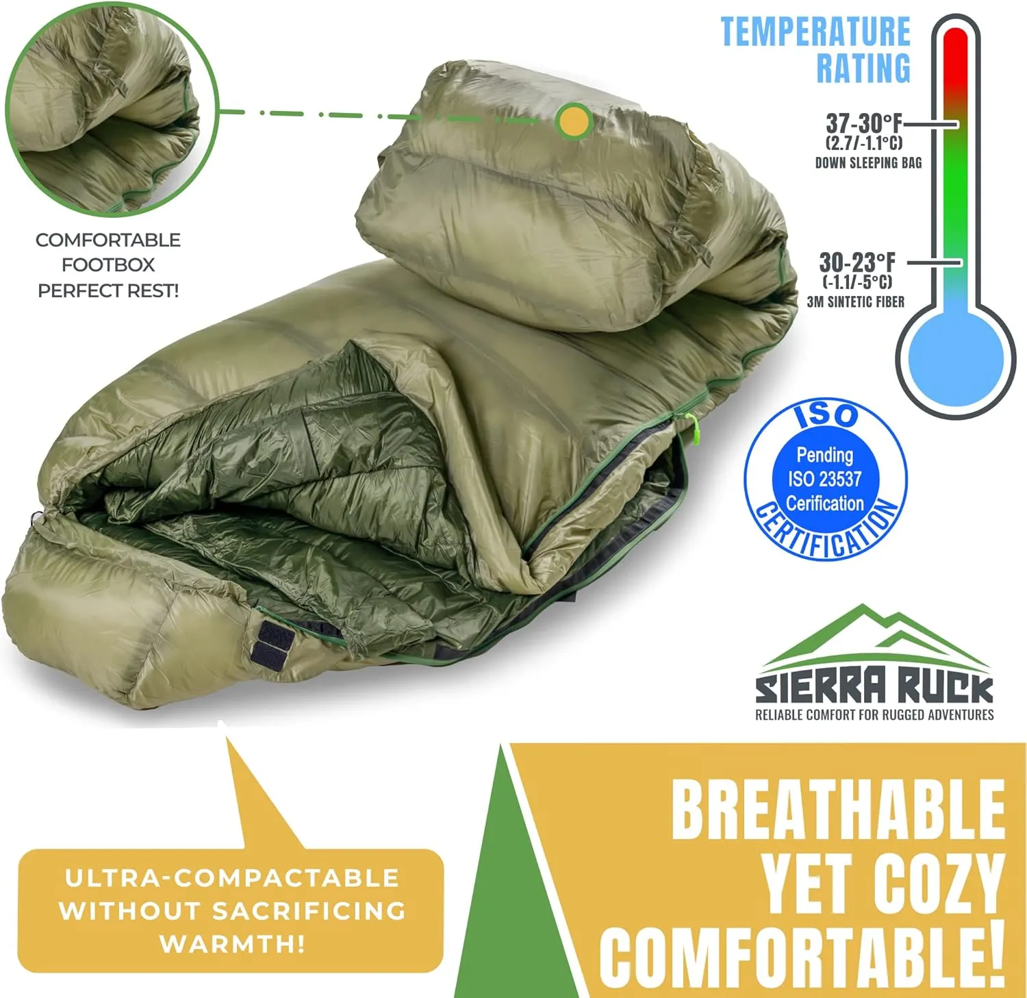 SIERRA RUCK 650 Down Sleeping Bag, Lightweight Pack for Hiking, Backpacking, Trekking and 4 Season Camping