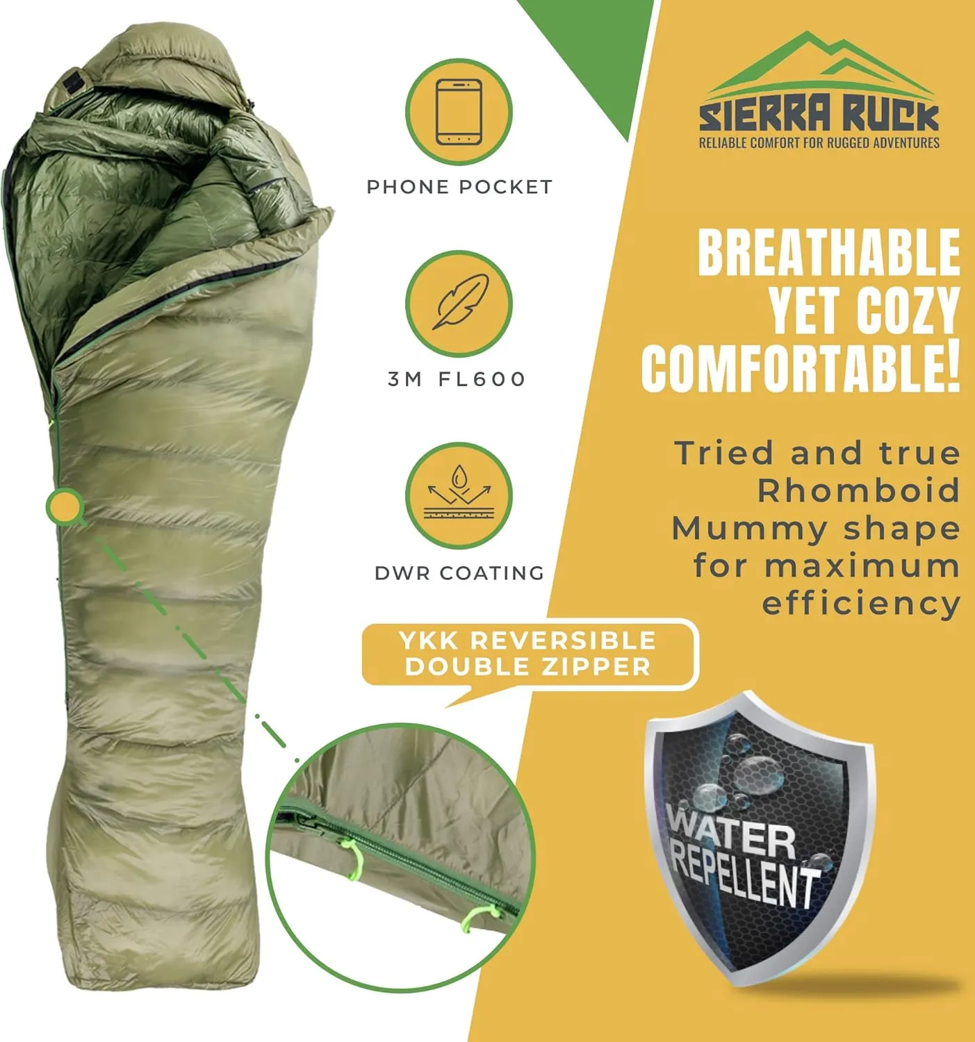 SIERRA RUCK 650 Down Sleeping Bag, Lightweight Pack for Hiking, Backpacking, Trekking and 4 Season Camping