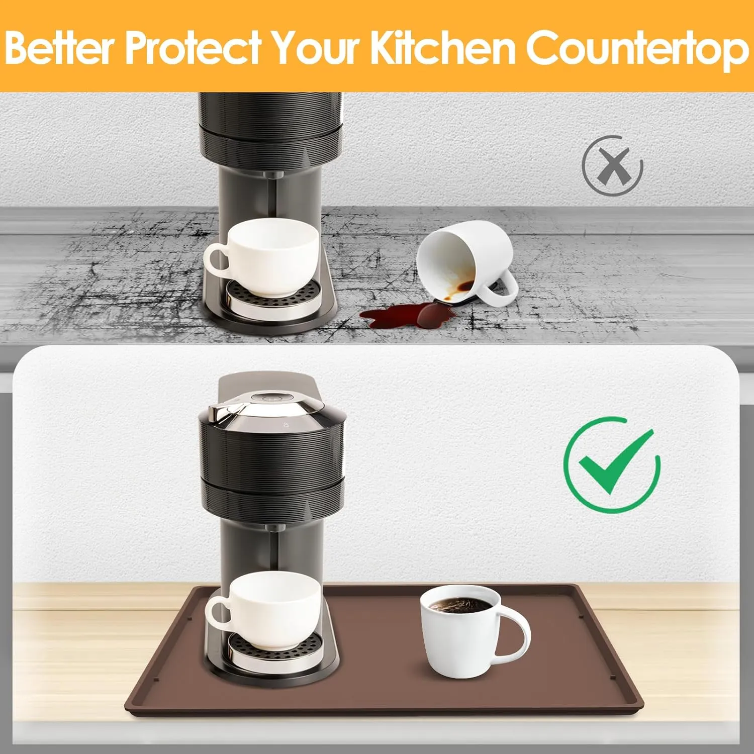 Silicone Coffee Maker Mat with Lip, 19.7'' x 15'' Heavy Duty Coffee Maker Mat for Countertops, Coffee Tray Fit Under Coffee Machine Appliance Automatic Machines Espresso Accessory, Brown