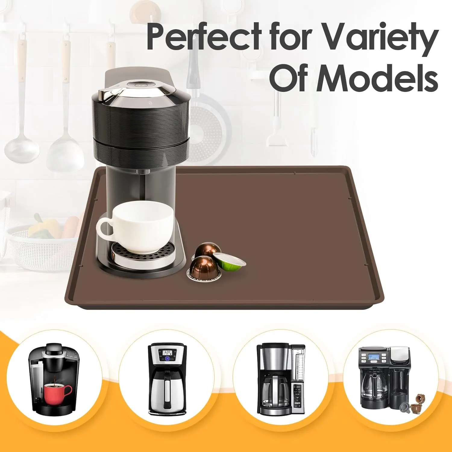 Silicone Coffee Maker Mat with Lip, 19.7'' x 15'' Heavy Duty Coffee Maker Mat for Countertops, Coffee Tray Fit Under Coffee Machine Appliance Automatic Machines Espresso Accessory, Brown