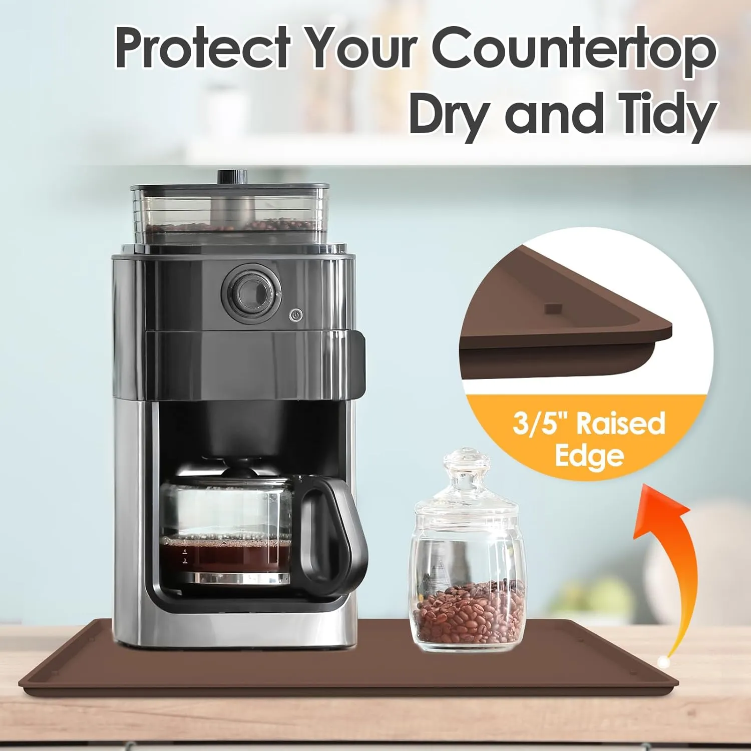 Silicone Coffee Maker Mat with Lip, 19.7'' x 15'' Heavy Duty Coffee Maker Mat for Countertops, Coffee Tray Fit Under Coffee Machine Appliance Automatic Machines Espresso Accessory, Brown