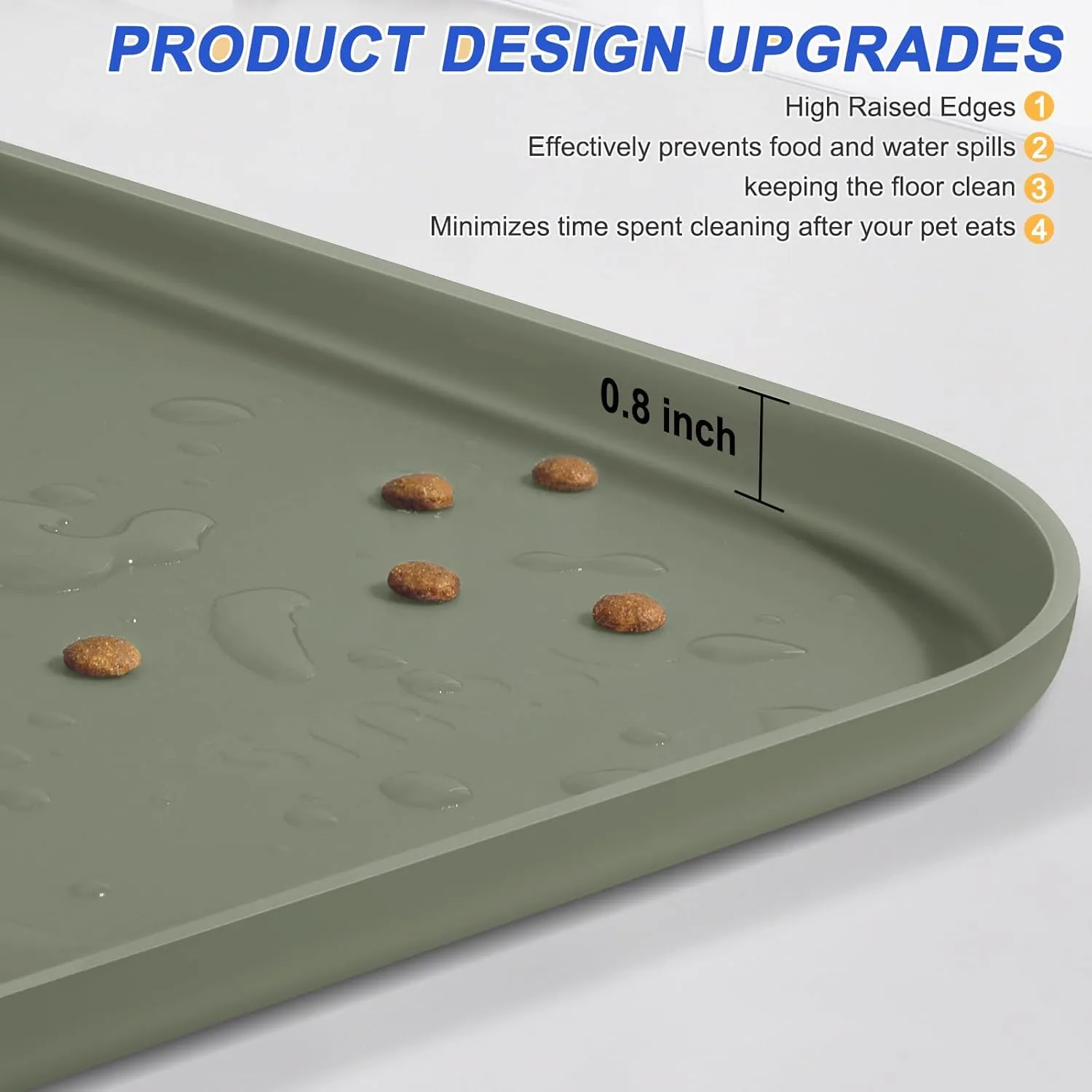 Silicone Pet Feeding Mat with Raised Edge for Food and Water, Dog Bowl Mats, Cat Bowls Placemat with High Lip for Floor Waterproof, Rubber Tray for Cats and Dogs 22 x 14 x0.8 Light Olive Green