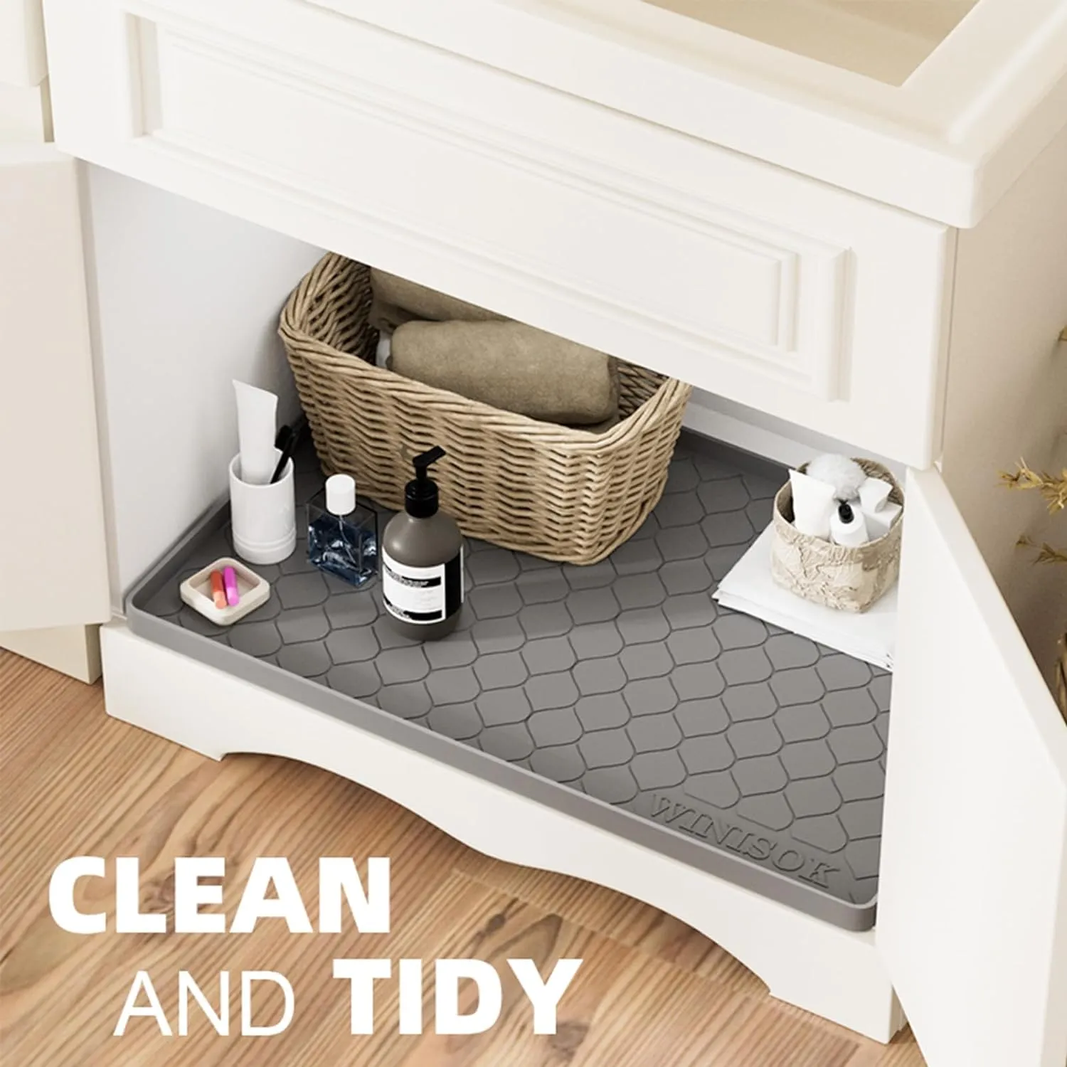 Silicone Under Sink Mat 34" x 22", Kitchen Essentials and Gadgets, Shelf Liner and Cabinet Protector, Home Organizers and Storage, Waterproof Bathroom Tray