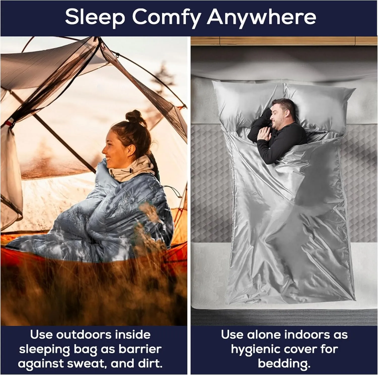 Silky Sleeping Bag Liner Cold/Warm Weather–XL Travel Sheets for Hotel 85"×52"– Lightweight Sleep Sack with Zipper & Pillow Pocket-100% Polyester Adult Sleep Sack - Hotel Sleeping Bag.