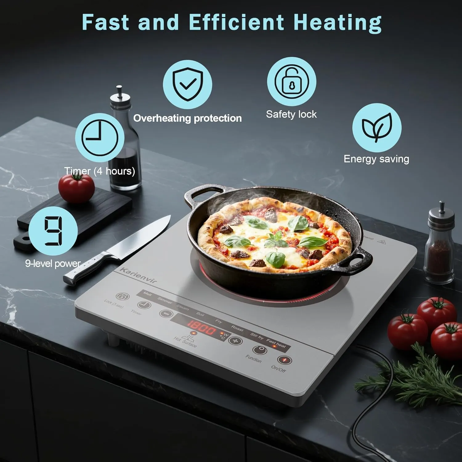Single Burner Electric Cooktop, Portable Electric Stove 110v with plug, Touch Control, Safety Lock, Timer, Kitchen Cooking Cooktop With 9 Power Levels, 1800W(Grey)