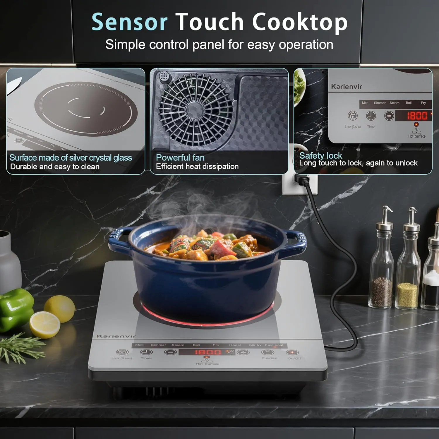 Single Burner Electric Cooktop, Portable Electric Stove 110v with plug, Touch Control, Safety Lock, Timer, Kitchen Cooking Cooktop With 9 Power Levels, 1800W(Grey)