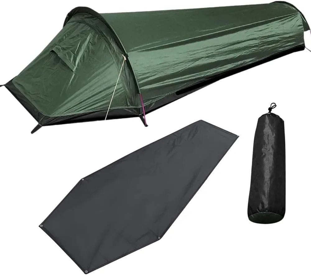 Single Person Backpacking Tent Hiking Bivy Tent Lightweight Sleeping Bag Tent with Ground Cloth, Army Green