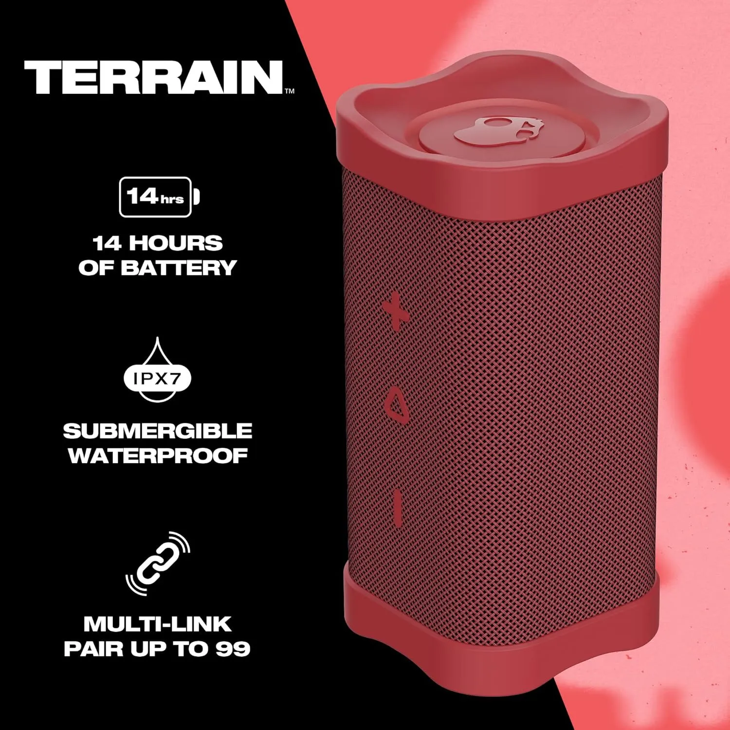 Skullcandy Terrain Wireless Bluetooth Speaker - IPX7 Waterproof Portable Speaker with Dual Custom Passive Radiators, 14 Hour Battery, Nylon Wrist Wrap, & True Wireless Stereo