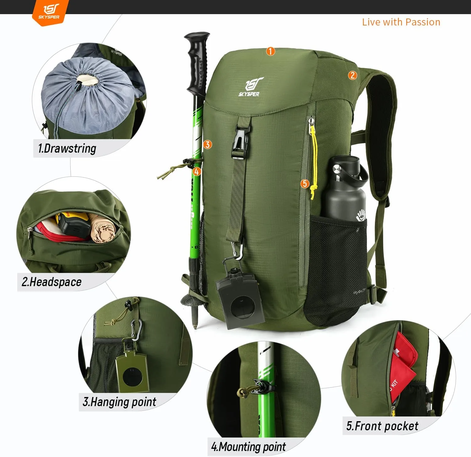 SKYSPER Hiking Backpack Small, 25L Lightweight Travel Daypack Breathable Backpacking Backpacks for Men Women