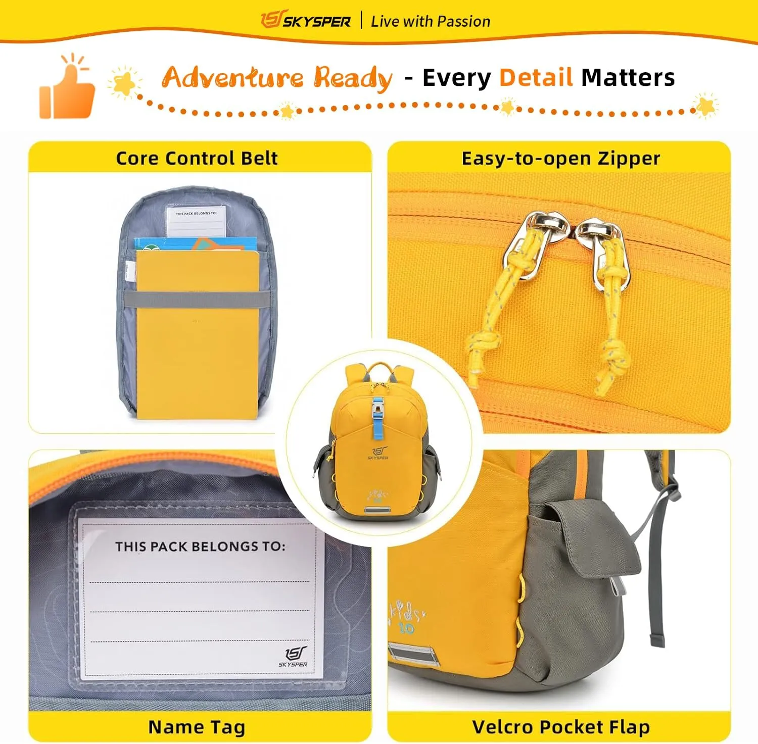 SKYSPER Kids Backpack 10L Toddler Backpack Travel Daypack for Preschool and Kindergarten(Yellow)
