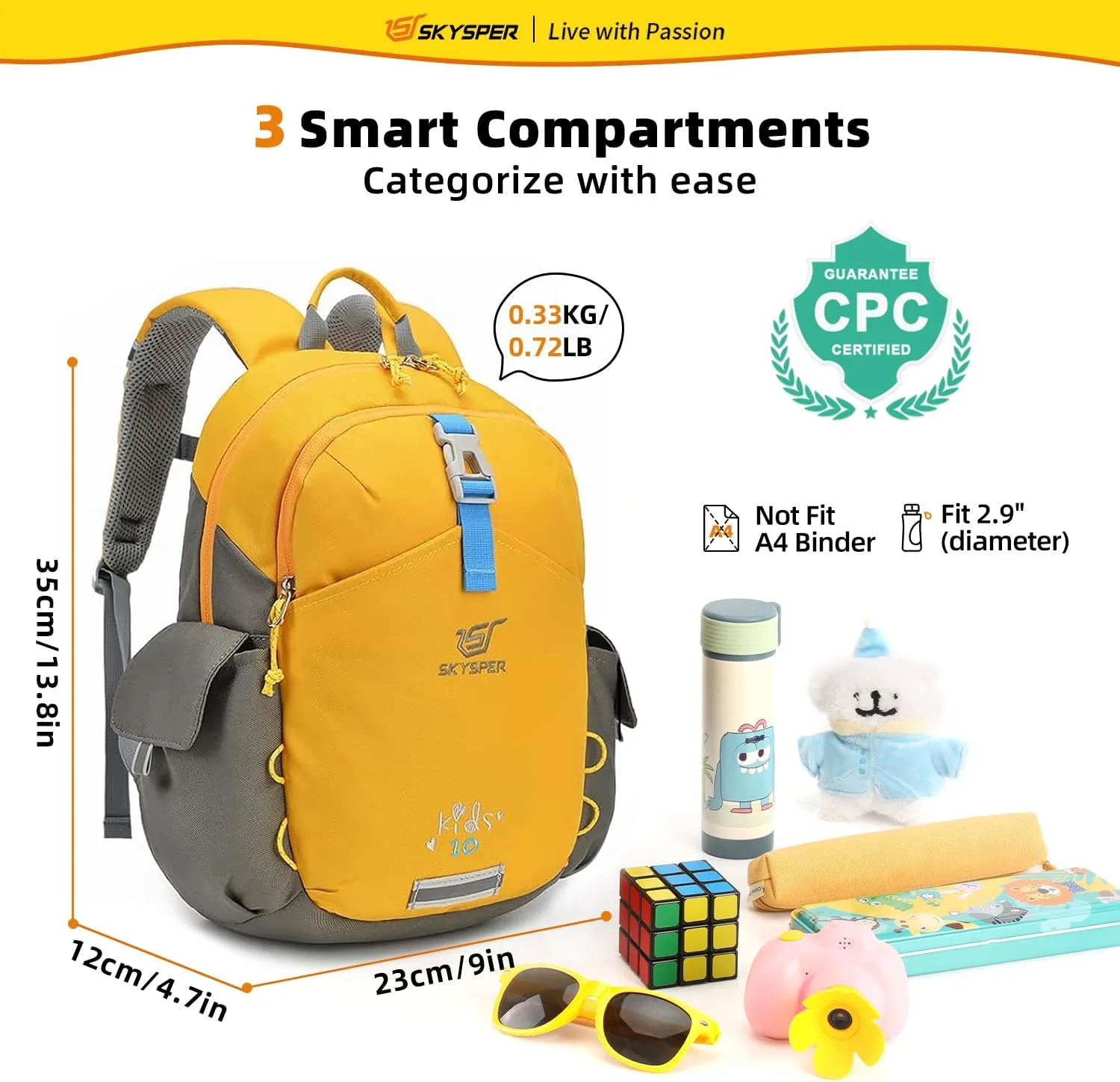 SKYSPER Kids Backpack 10L Toddler Backpack Travel Daypack for Preschool and Kindergarten(Yellow)