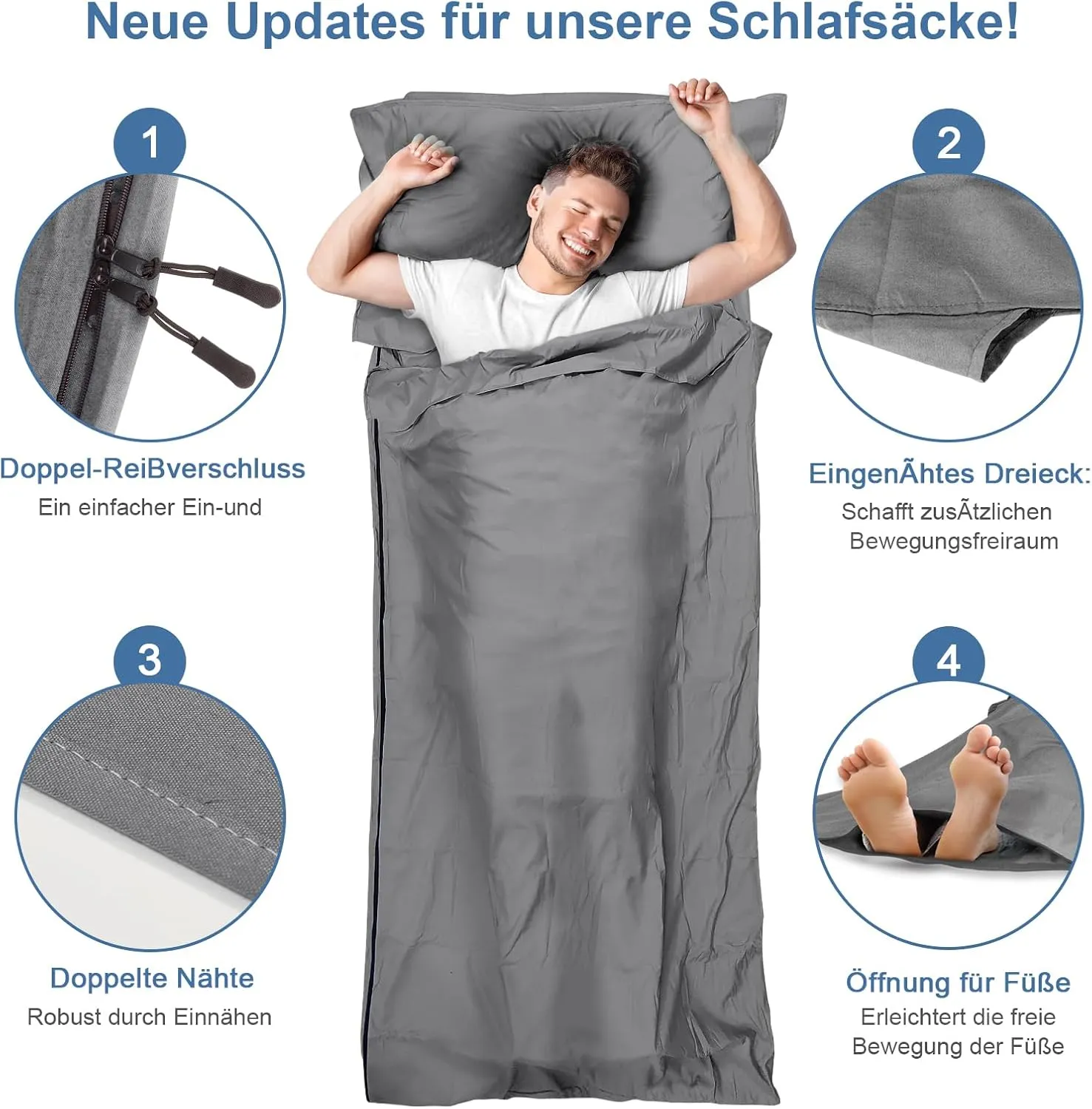 Sleeping Bag Liner, Updated Adult Sleep Sack & Travel Sheets with Foot Zipper, Lightweight and Portable Camping Sleeping Bag Liners - Ideal for Backpacking, Hostels and Camping