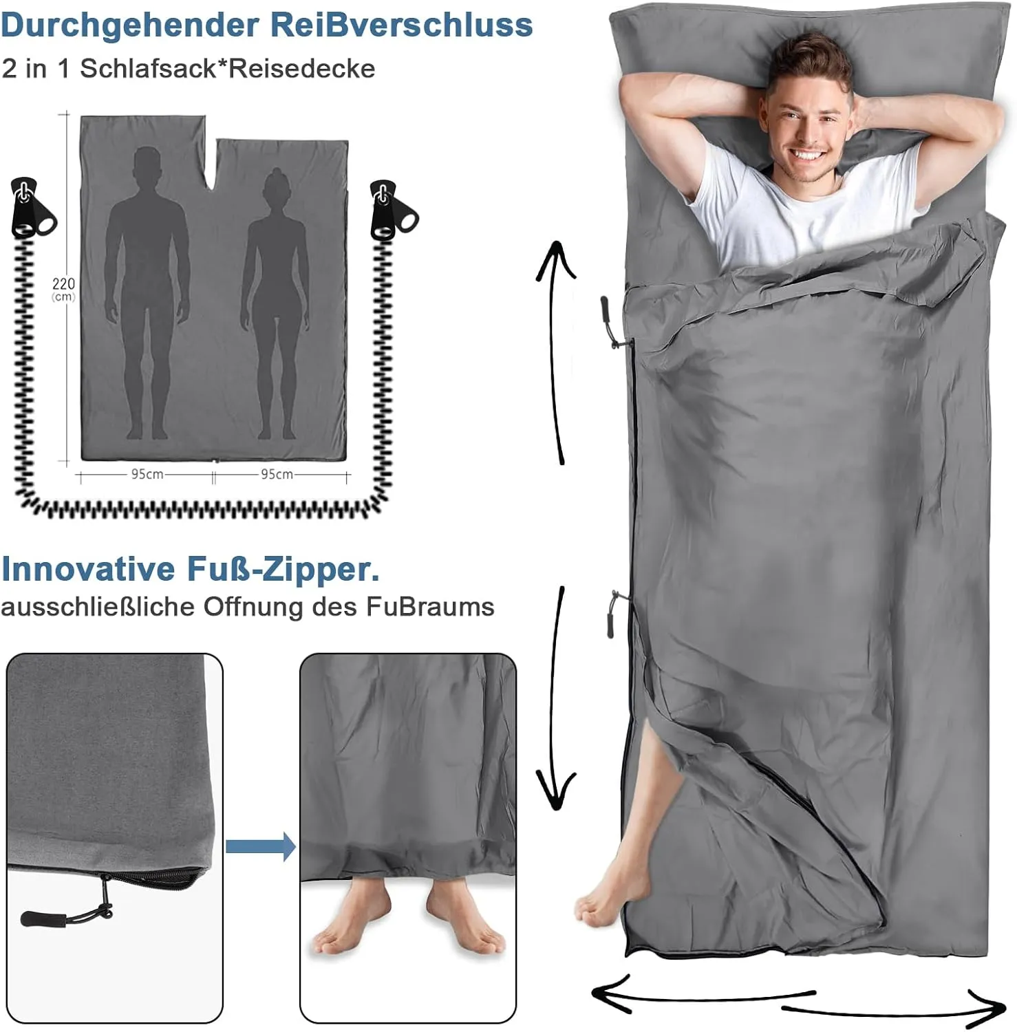 Sleeping Bag Liner, Updated Adult Sleep Sack & Travel Sheets with Foot Zipper, Lightweight and Portable Camping Sleeping Bag Liners - Ideal for Backpacking, Hostels and Camping