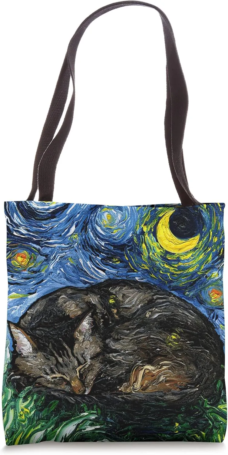 Sleeping Brown Tabby Cat Starry Night Art by Aja Tote Bag
