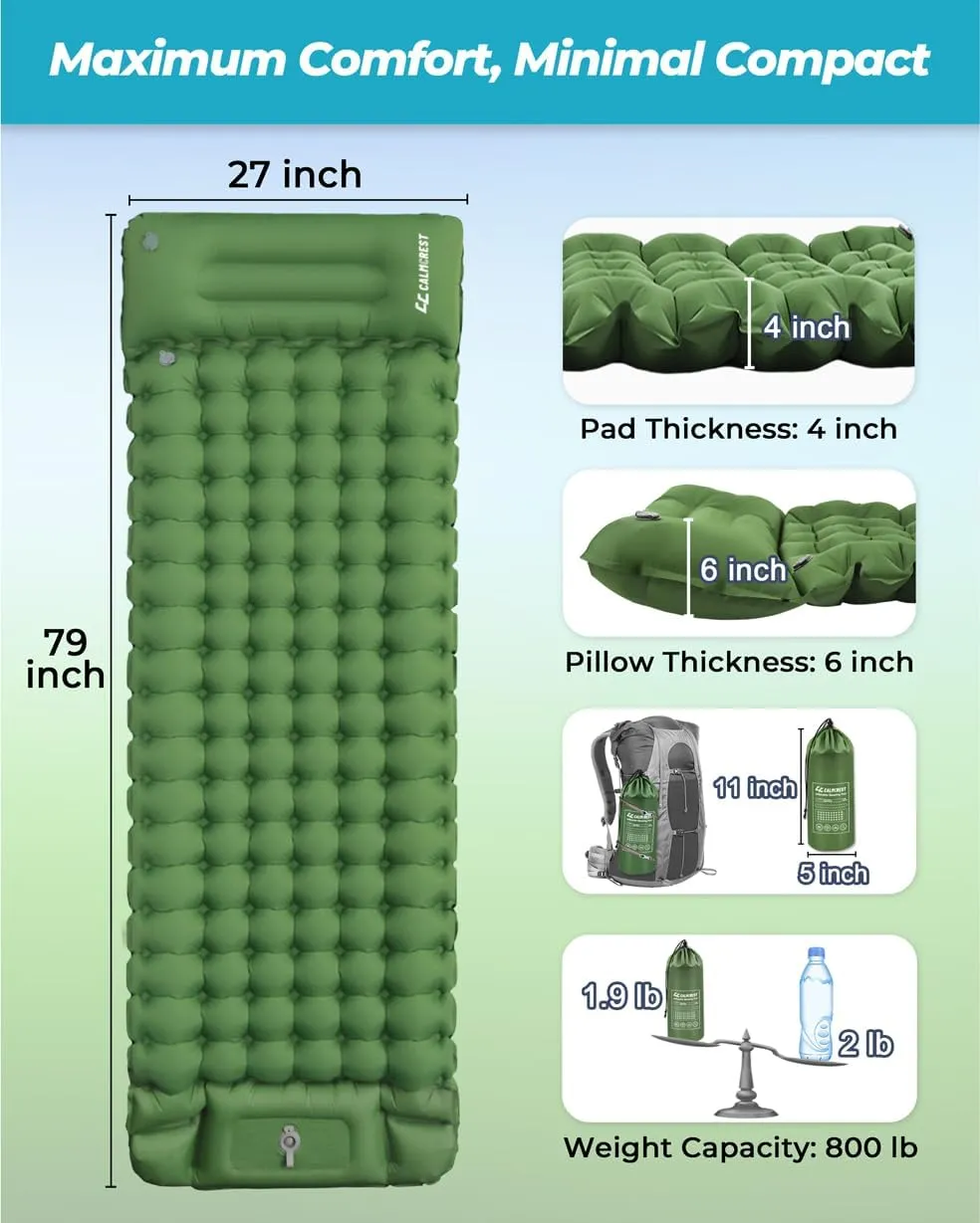 Sleeping Pad for Camping, 4in Thickness Inflatable Sleeping Mat with Adjustable Pillow & Built-in Foot Pump,Lightweight Camping Air Mattress with Waterproof Nylon for Hiking,Traveling-Green