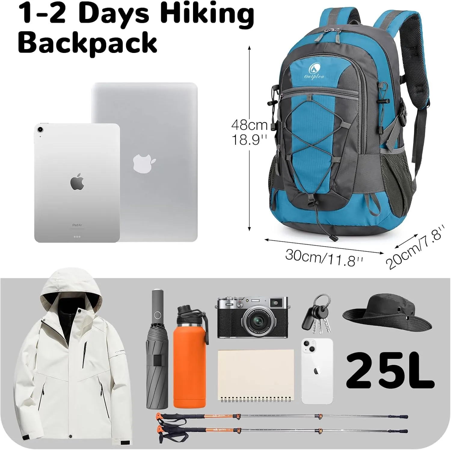 Small Hiking Backpack, 25L Hiking Bag, Lightweight Backpack, Waterproof Day Pack, Outdoor Daypack for Men Women, Lake Blue
