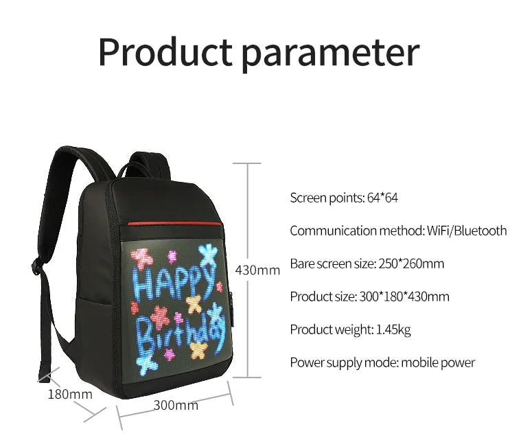 Smart Walking Billboard, WIFI BLUETOOTH APP Control, School Bag, 3D Led Advertising Backpack